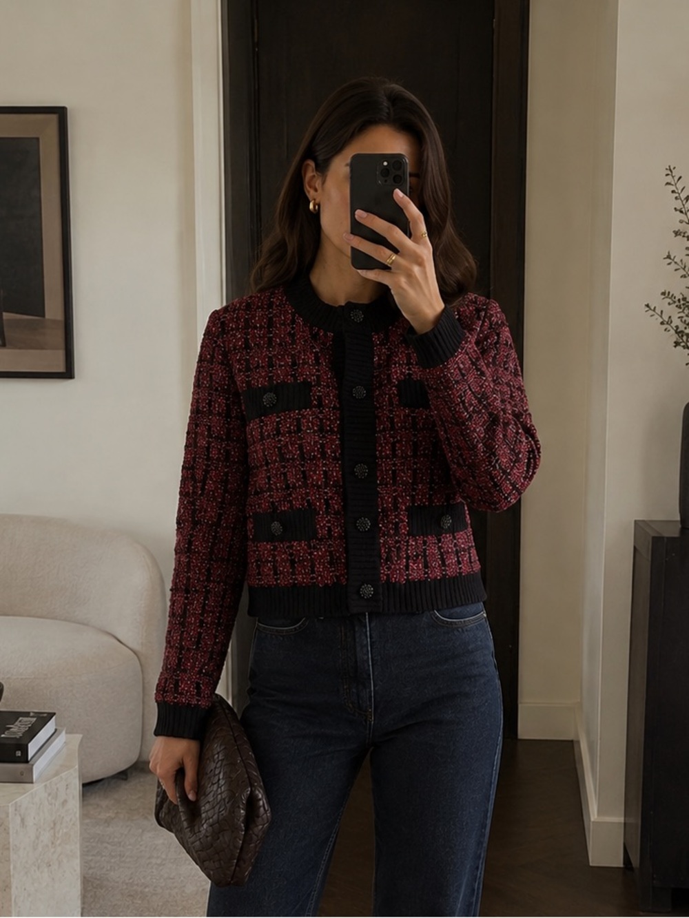 Karl Lagerfeld Paris Burgundy Black Metallic Tweed Cardigan Jacket Size L